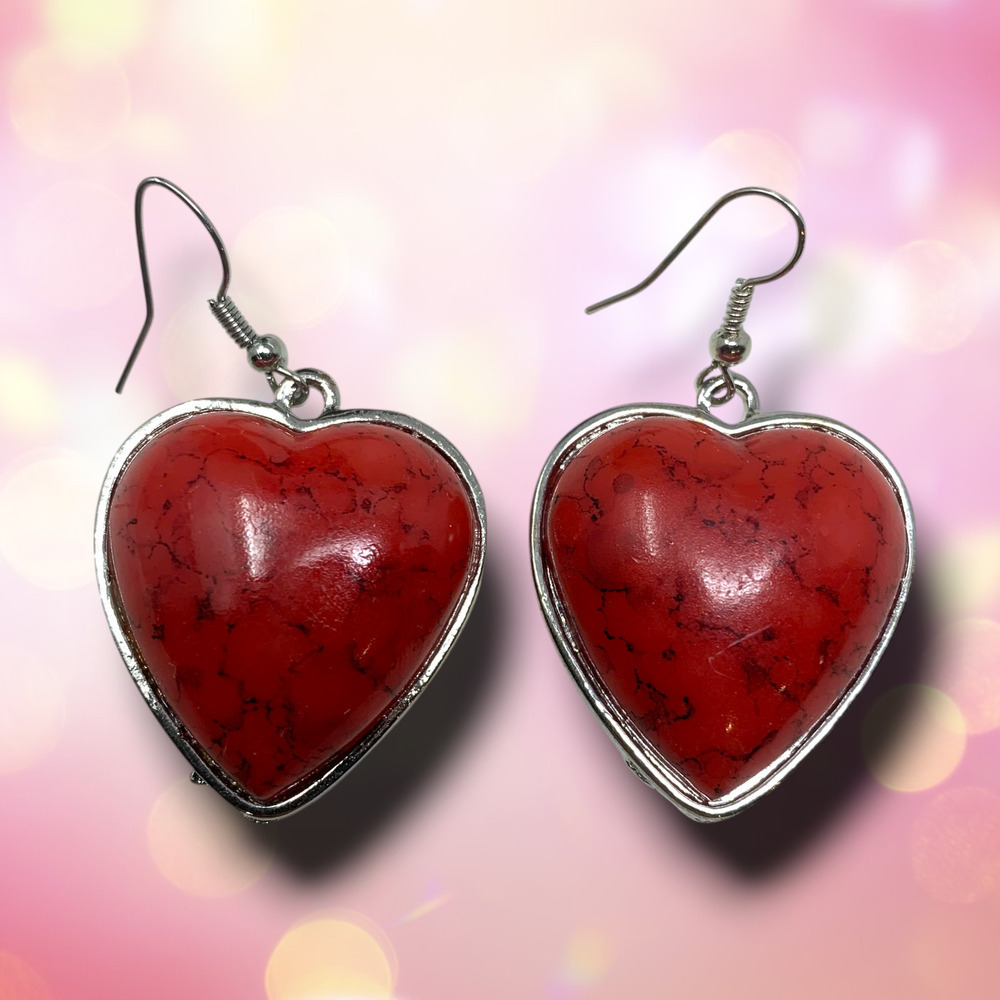 Vintage Y2K Modernist Dangle Red Acrylic Heart Earrings Pierced New Wave Retro